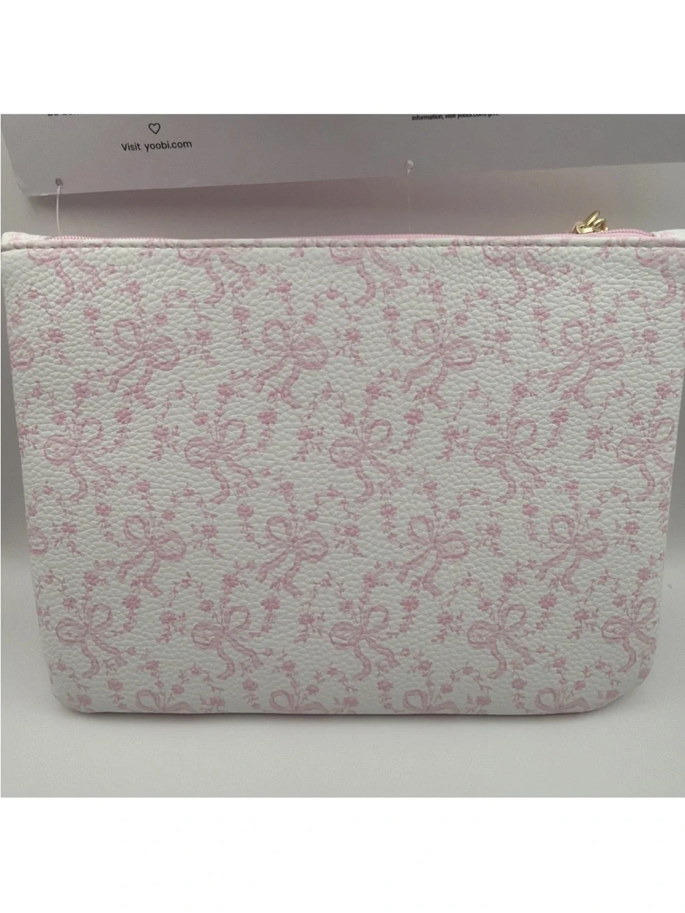 New - LoveShackFancy Pink Coquette Gold Bow Zipper Pouch/Wristlet w Strap